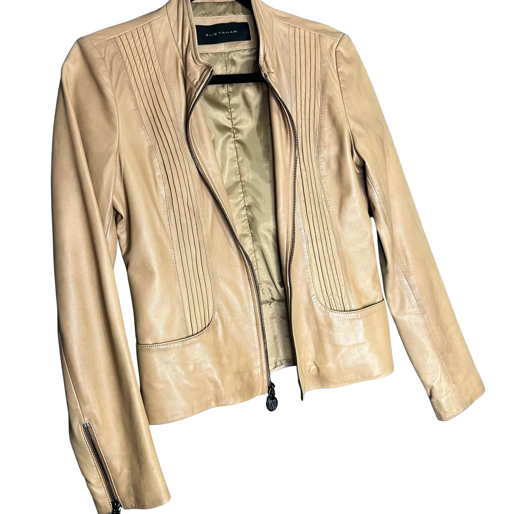 Elie Tahari Leather Jacket Womens Beige Moto Zip Fitted Designer Small